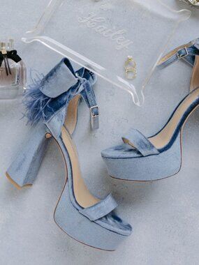 NWOB Antonio Melani | Janie Sandals Blue Velvet feathers Rhinestone Bow (size 9)